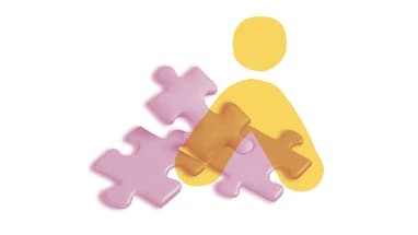 Grafik mit Puzzleteilen und abstrahierter Figur.