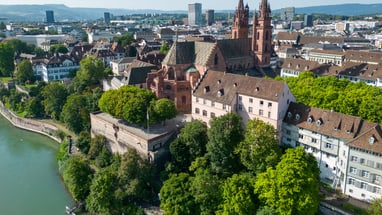 Aerial view of Basel Cathedral with lush green Palatinate and blue Rhine.