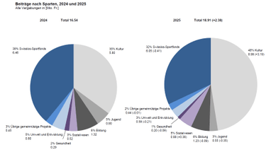 Zwei Tortendiagramme der Beitragsverteilung 2024 und 2025 nach Sparten.