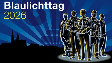 Umrisszeichnungen von Einsatzkräften vor blauem Hintergrund.