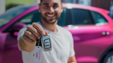 Mann hält Autoschlüssel für Übergabe an Motorfahrzeugkontrolle in der Hand.