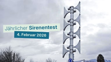 Sirene mit Text 'Jährlicher Sirenentest 4. Februar 2026'.