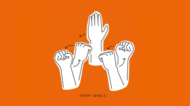 Illustration einer gestikulierenden Hand mit Text 'STOPP GEWALT!'.