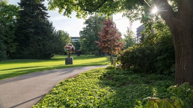 Ein Gehweg im Solitudepark mit Skulptur, Bäumen und Sonnenstrahlen.