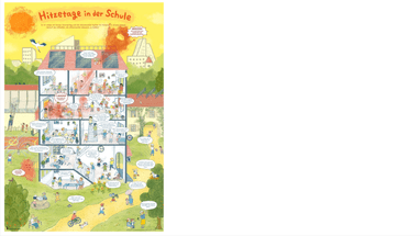 Illustration von Hitzetagen in der Schule mit verschiedenen Aktivitäten innen und aussen.