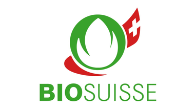 Logo von Bio Suisse mit Blatt und Schweizer Flagge.