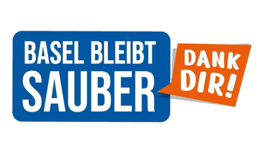 Werbeplakat mit den Worten 'Basel bleibt sauber' und 'Dank dir!' in Blau und Orange.