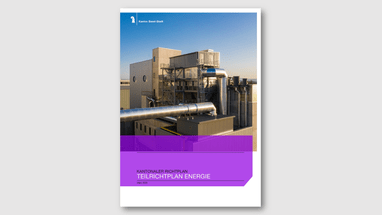 Industrieanlage mit blauen Himmel im Hintergrund, Kantonalplan Titel in lila Farbe.