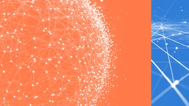 Abstrakte Vernetzungsdarstellung in Orange und Blau.