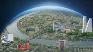 Illustration einer Stadt mit Fluss und modernen Gebäuden unter einer teilweisen Erdkugel.