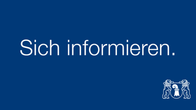 Blaues Plakat mit weissem Text und Wappen.