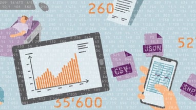 Digitale Collage verschiedener Datenvisualisierungselemente, darunter Diagramme und numerische Daten.