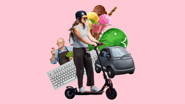 Person auf einem Elektroroller mit Collage aus Gegenständen.