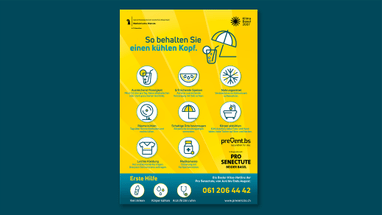Gelbes Plakat mit Hitzeschutztipps und Symbolen, Notrufnummer unten.