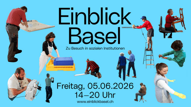 Einblick Basel Poster mit arbeitenden Menschen, Datum und Uhrzeit.