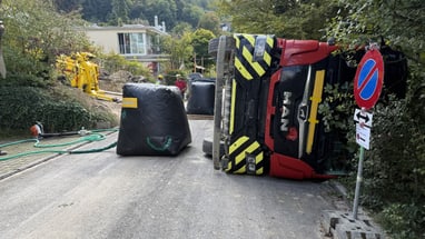 Umgekippter LKW auf Strasse mit Absperrungen und Natur im Hintergrund.