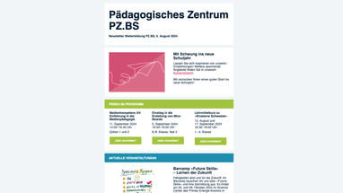 Newsletter des Pädagogischen Zentrums PZ.BS mit Veranstaltungen und Programmen.