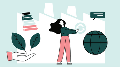 Illustration einer Frau mit Globus, Blättern und Energieeffizienzskala.