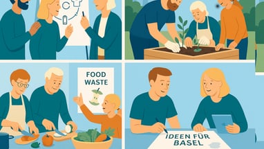 Illustration von Menschen bei der Diskussion und Gartenarbeit, Kochen und Ideenfindung für Basel.