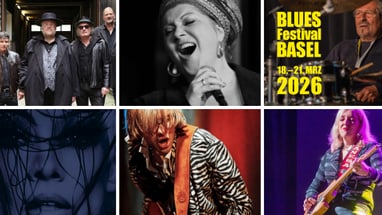 Collage von Musikern und Blues Festival Basel Plakat 2026.