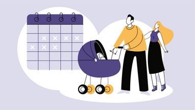 Illustration eines Paares mit Kinderwagen vor Kalender.