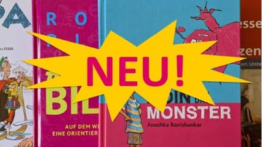 Diverse Bücher mit gelbem 'NEU!' Zeichen.