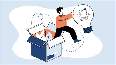 Person springt aus Box mit Glühlampe und Atomsymbol.