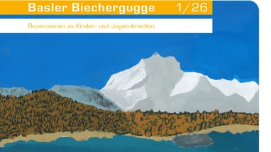 Gemälde von Bergen und See mit Text 'Basler Biechergugge'.