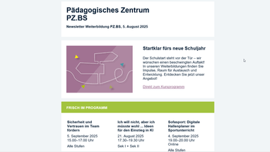 Newsletter des Pädagogischen Zentrums PZ.BS, August 2025.