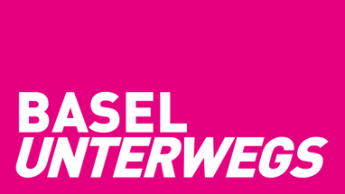 Basel unterwegs Logo, weisse Schrift auf magentafarbenem Hintergrund