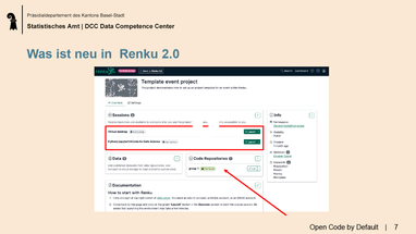 Präsentationsfolie über Renku 2.0 mit Benutzeroberfläche.