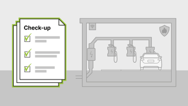 Illustration eines Autos in einer Werkstatt neben einer Checkliste.