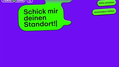 Grüner Sprechblasen-Text auf lila Hintergrund