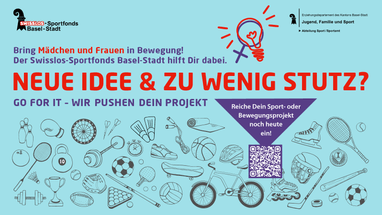 Werbung für Swisslos-Sportfonds Basel-Stadt mit Sportgeräten und QR-Code.