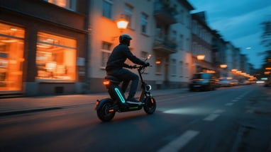 Person fährt nachts auf E-Roller durch die Stadt.