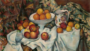 Gemälde vom Stillleben mit Obst und Krug auf Tischdecke.