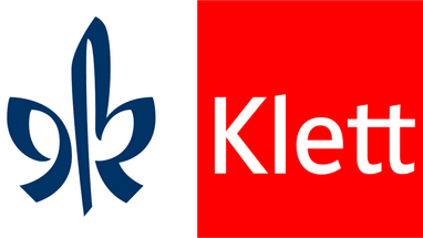 Klett-Logo mit blauem Symbol auf rotem Hintergrund.