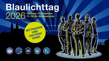 Abbildung von sechs Personen in Uniform auf blauem Hintergrund mit Text.