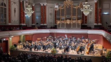 Orchester spielt in einem Konzertsaal.