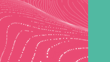 Abstrakte Kunst mit weissen Linien auf rosa Hintergrund und türkisfarbener Seite.