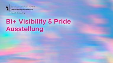 Bi+ Visibility & Pride Ausstellung auf regenbogenfarbenem Hintergrund.