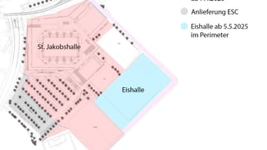 Lageplan mit St. Jakobshalle und Eishalle, farblich markierte Bereiche.",