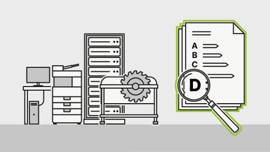 Illustration von Büromaschinen und Dokumenteninspektion mit Lupe.