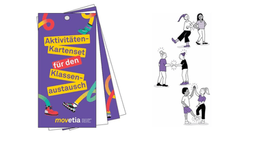 Aktivitäten-Kartenset für Klassenaustausch von Movetia, mit Illustrationen von Schülern in Bewegung.