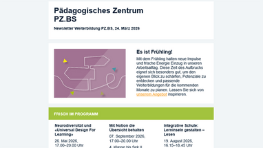 Newsletter des Pädagogischen Zentrums PZ.BS mit Frühlingsthema und Programmliste.