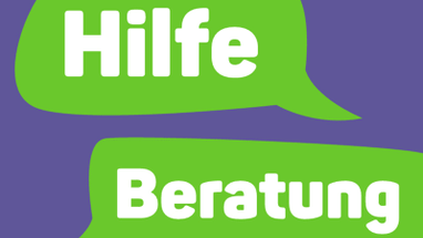 Zwei grüne Sprechblasen mit den Wörtern 'Hilfe' und 'Beratung'.