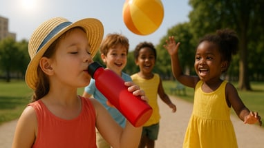 Kinder spielen im Park, eines trinkt aus roter Flasche.