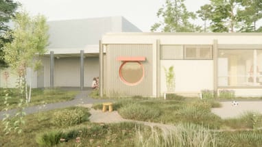 Moderner Kindergarten mit Garten und rot umrandetem Fenster.