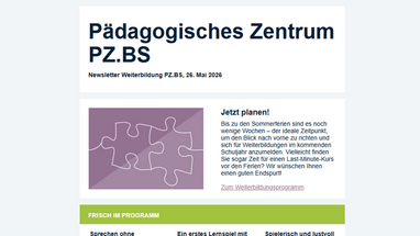 Newsletter des Pädagogischen Zentrums PZ.BS, 26. Mai 2026, mit Puzzleteil-Illustration.