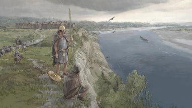 Illustration eines bronzezeitlichen Kriegers auf dem Münsterhügel mit Blick auf den Rhein.